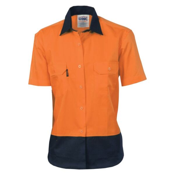 Womens Hi Vis Two Tone Cotton Drill Short Sleeve Shirt Thumbnail